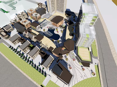 Modern Commercial Street With Mixed Architecture Plaza Green Spaces And Pedestrian Paths 3d model