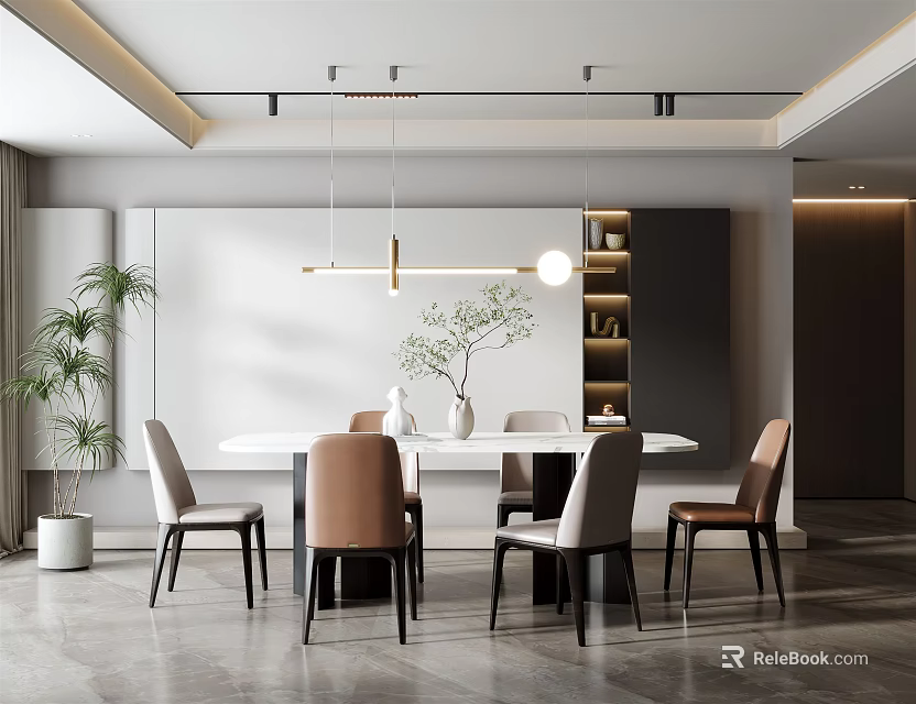 Modern Restaurant Dining Room With White Table Various Colored Chairs Pendant Lights And Plant 3d model 