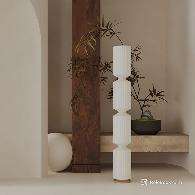 Modern White Zigzag Design Floor Lamp With Bamboo Plant Wooden Accent And Stone Shelf 3d model 
