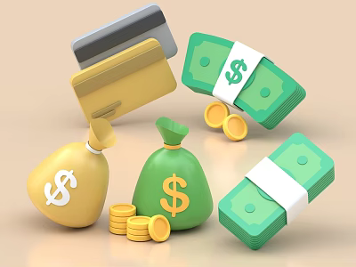 Decorative Ornament Set with Credit Cards Money Bags Coins and Dollar Signs 3d model