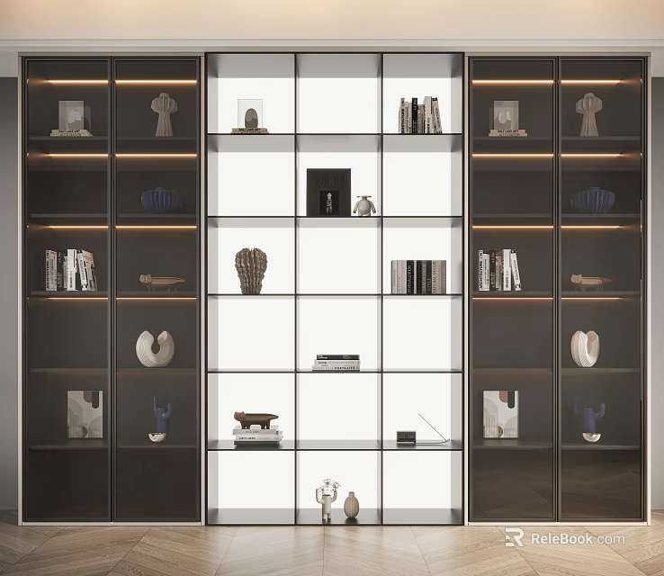 Modern Glass Door Bookcase With Multi Layered Shelves Books And Decorative Sculptures 3d model 