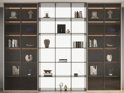 Modern Glass Door Bookcase With Multi Layered Shelves Books And Decorative Sculptures 3d model