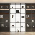 Modern Glass Door Bookcase With Multi Layered Shelves Books And Decorative Sculptures