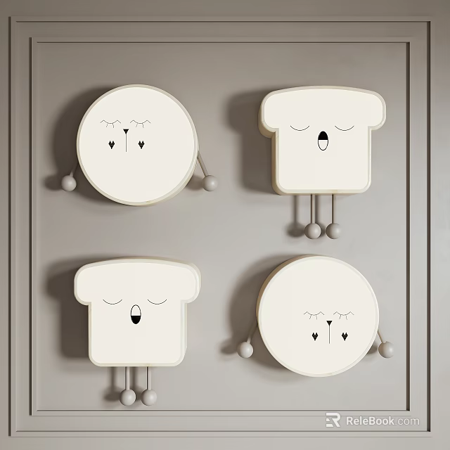 Cute Face Design White Wall Lamps With Toast And Round Shapes For Gray Wall Decor 3d model 
