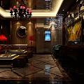 Elegant Modern KTV Interior With Chandelier Brown Sofas Red Lamps And Marble Floor 3d model