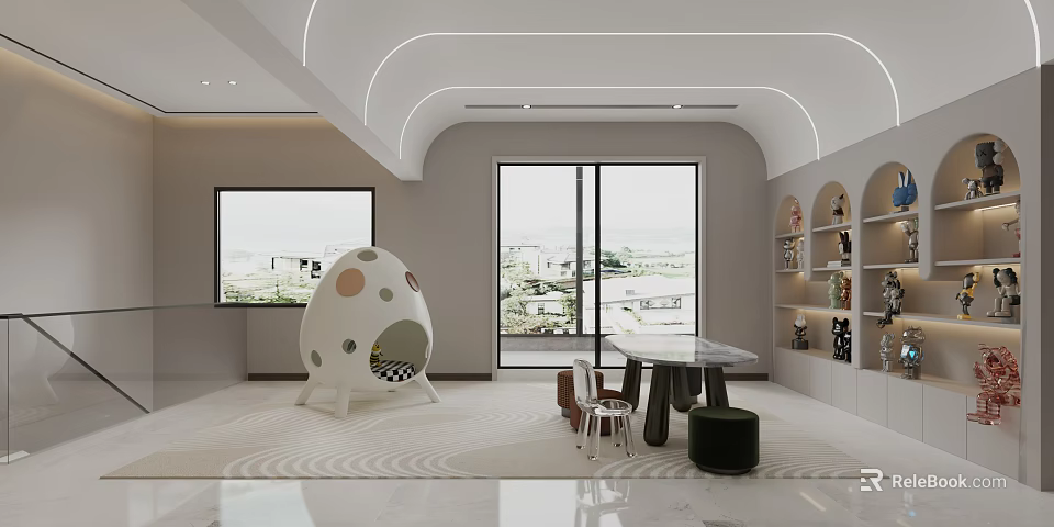 Kids Play Area With Egg Shaped Structure Large Windows Table And Chairs 3d model