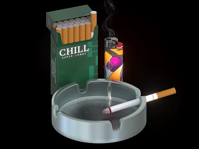 Essential Smoking Accessories Including CHILL Cigarette Pack Lighter Ashtray And Lit Cigarette 3d model