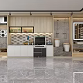 Modern Showroom Interior With Cabinets Display Shelves TV Screen Bookshelves And Marble Floor