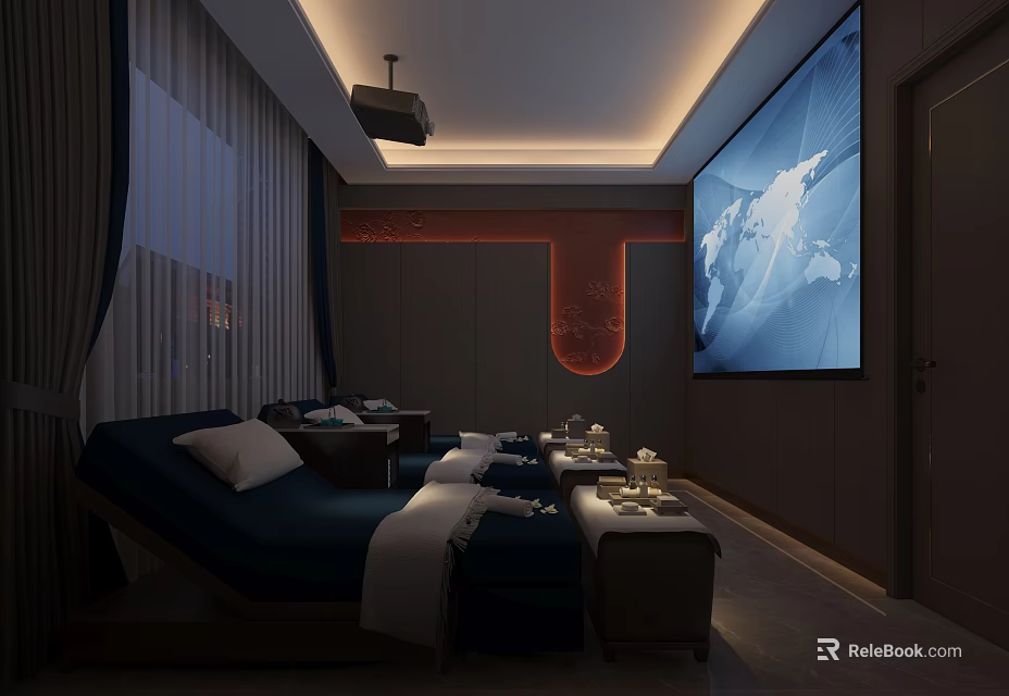 Relaxing Foot Massage Spa Room With Cozy Beds Soft Lighting And Large Screen 3d model 