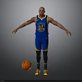 Man in Blue Warriors Basketball Jersey With Arms Outstretched and Orange Basketball
