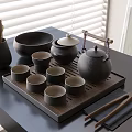 Elegant Traditional Ceramic Tea Set with Teapot Cups Bowl Tray and Chopsticks on Black Table