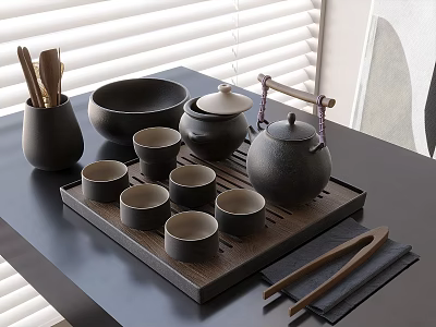 Elegant Traditional Ceramic Tea Set with Teapot Cups Bowl Tray and Chopsticks on Black Table 3d model