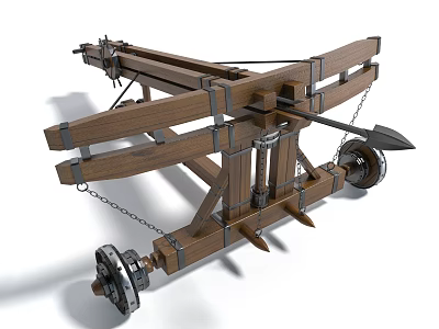 Ancient Wooden Siege Weapon With Wheels Metal Components And Arrow Projectile 3d model