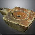 Ancient Rustic Square Clay Artifact With Handle And Central Hole Worn Surface