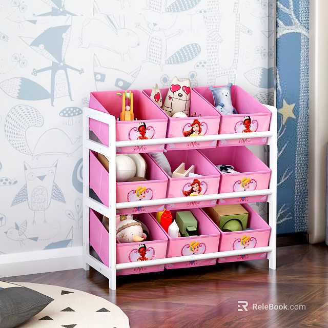 Pink Multi Layer Storage Organizer With Cartoon Drawers For Kids Room Household Items 3d model 