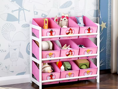 Pink Multi Layer Storage Organizer With Cartoon Drawers For Kids Room Household Items 3d model