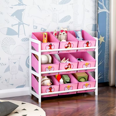 Pink Multi Layer Storage Organizer With Cartoon Drawers For Kids Room Household Items 3d model