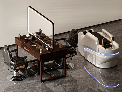 Modern Dressing Table Interior With Wooden Surface And Mirror And Comfortable Chair 3d model