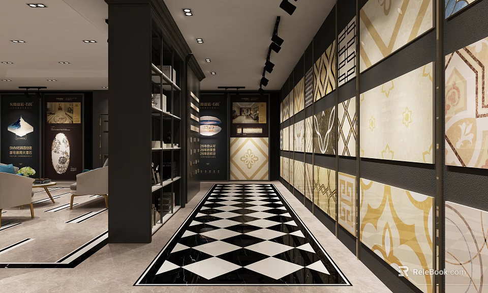Elegant Tile Showroom Interior With Black White Checkered Floor And Gold Patterned Walls 3d model