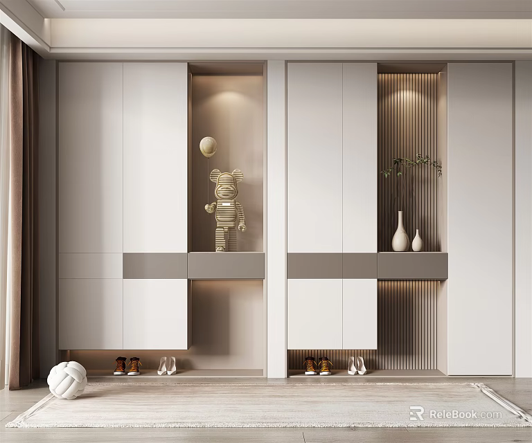 Modern White Shoe Cabinet Built-in Design With Decorative Shelves Storage Space And Vases 3d model 