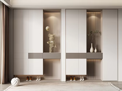 Modern White Shoe Cabinet Built-in Design With Decorative Shelves Storage Space And Vases 3d model