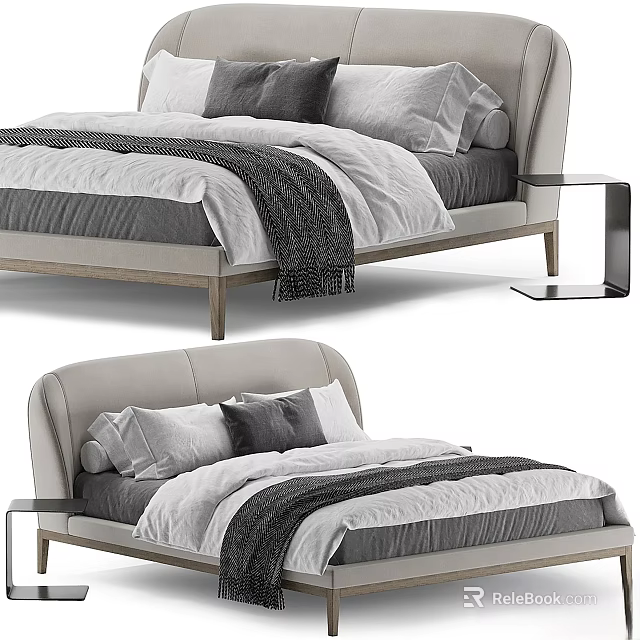 Modern Double Bed Design With Upholstered Headboard Wooden Frame And Gray White Bedding 3d model 