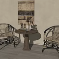 Wicker Lounge Chairs With Round Wooden Table In Cozy Indoor Space Featuring Textured Wall Art