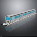 3D Model of White Train With Blue Windows on Black Background and Reflection