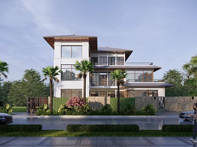 Modern Detached Villa with Large Glass Windows Surrounded by Palm Trees and Greenery 3d model