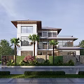 Modern Detached Villa with Large Glass Windows Surrounded by Palm Trees and Greenery
