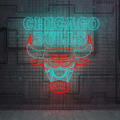 Chicago Bulls Themed Neon Decorative Light With Red Blue Glow And Grid Background 3d model