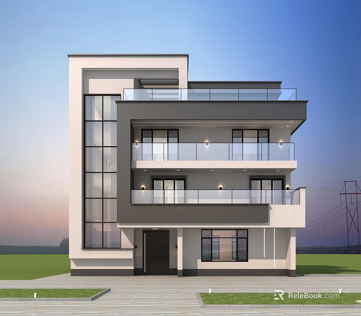 Modern Detached Villa With Multiple Balconies Large Glass Windows And Contemporary Design 3d model 