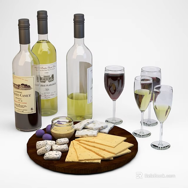 Delicious Cheese Platter With Wine Bottles Wine Glasses Grapes Slices And Cubes 3d model 