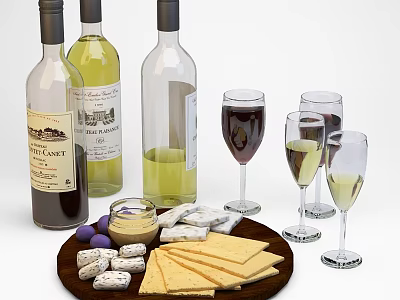 Delicious Cheese Platter With Wine Bottles Wine Glasses Grapes Slices And Cubes 3d model