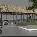 Traditional Garden Landscape With Thatched Roof Pavilion Stone Columns And Green Plants