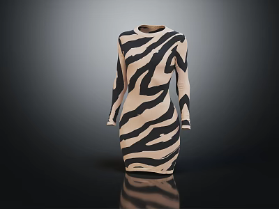 Stylish Zebra Print Long Sleeve Fitted Dress For Women Fashion 3d model