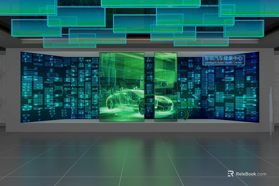 Modern Automotive R&D Center With Digital Displays Data Visualization And Car Model 3d model 