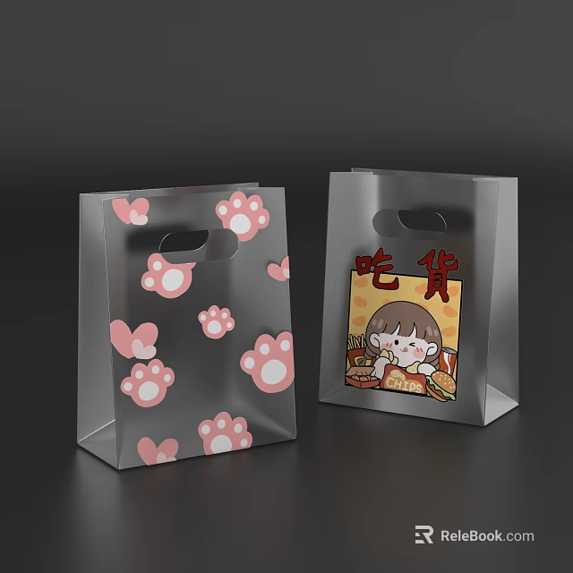 Transparent Shopping Bags With Pink Paw Prints And Cartoon Foodie Girl Design 3d model 