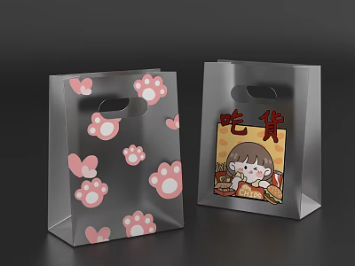 Transparent Shopping Bags With Pink Paw Prints And Cartoon Foodie Girl Design 3d model