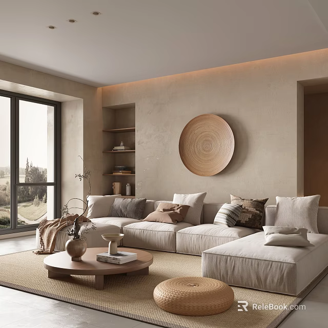Modern Living Room Interior With Beige Walls Round Wooden Art L Shaped Sofa And Large Windows 3d model 