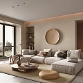 Modern Living Room Interior With Beige Walls Round Wooden Art L Shaped Sofa And Large Windows