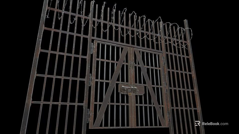 Iron Security Gate Featuring Grill Structure Lock And Spiked Top Design 3d model