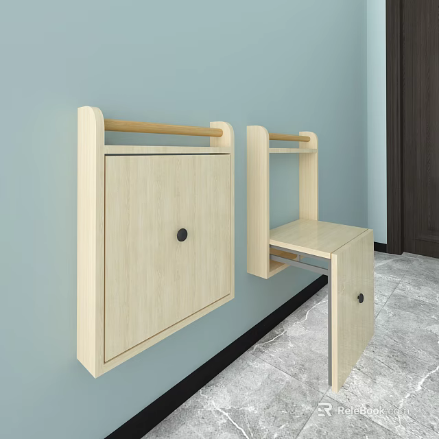 Modern Wooden Sofa Stool With Wall Mounted Design And Storage Cabinet 3d model 
