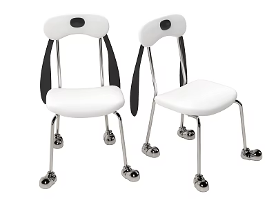 Two Modern Leisure Chairs With White Seat Black Backrest And Silver Metal Wheels 3d model