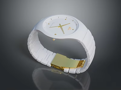 Elegant White Watch With White Strap Gold Accents And Clasp Design 3d model