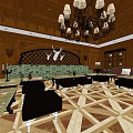 KTV Interior Design With Wooden Ceiling Chandelier Sofas Coffee Tables And Carpet