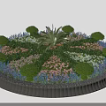 Roadside Circular Flower Bed With Central Palm Tree And Surrounding Colorful Flowers Shrubs