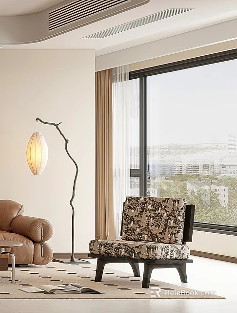 Patterned Accent Chair by Large Window with City View Curved Floor Lamp and Neutral Curtains 3d model 