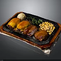 Savory Grilled Meat Patties on Hot Iron Plate with Corn Rice and Fresh Vegetables