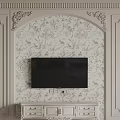 Elegant TV Wall with Cream Colored Floral Wallpaper Carved Decorations and White TV Cabinet